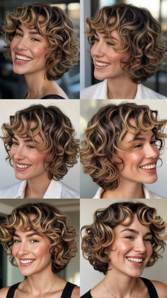 Toasted Coconut Highlights on Curly Shag Bob