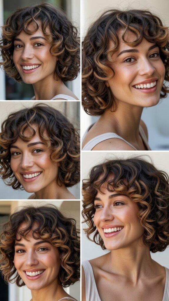 Toffee Highlights on Curly Bob with Bangs
