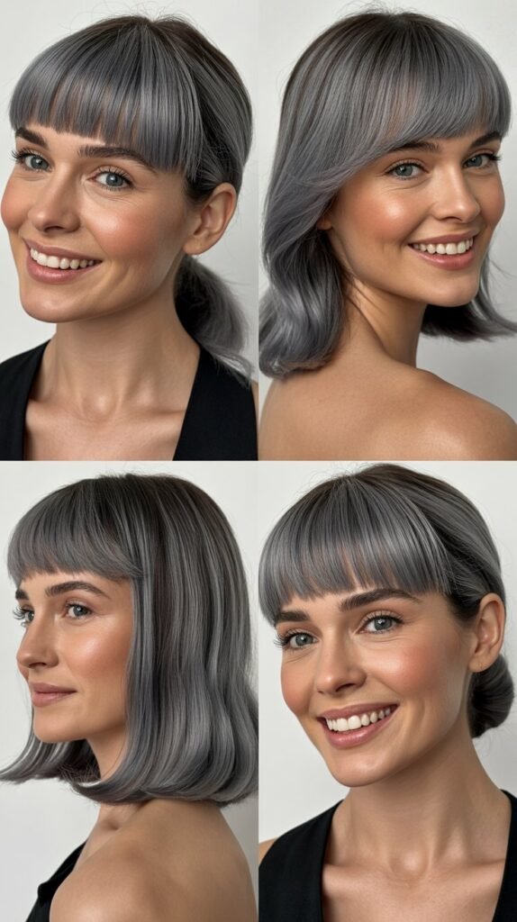 Brow-Length Straight Bangs With Granite Gray Sleek Hair