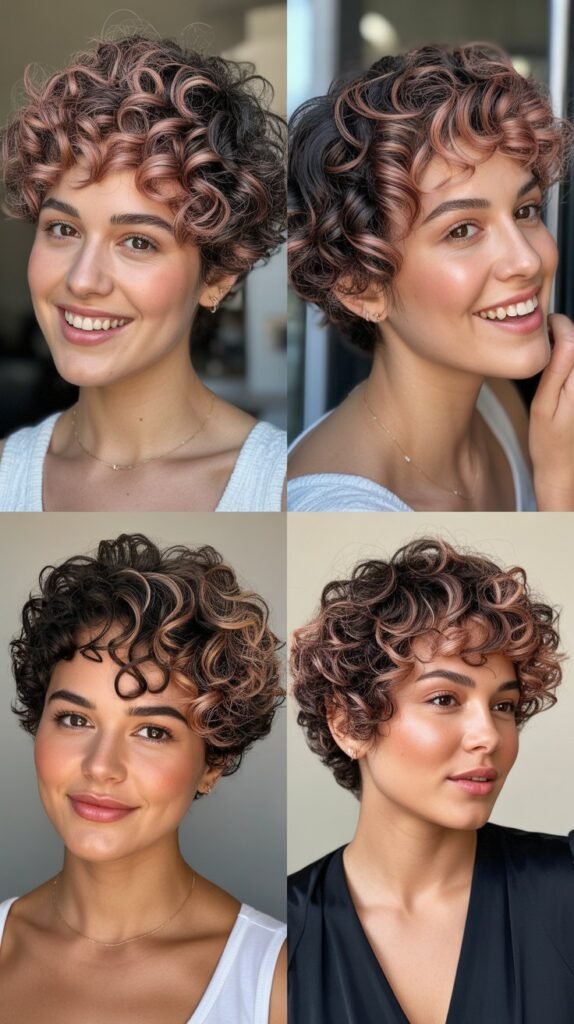  Rose Gold Highlights on Curly Pixie Cut