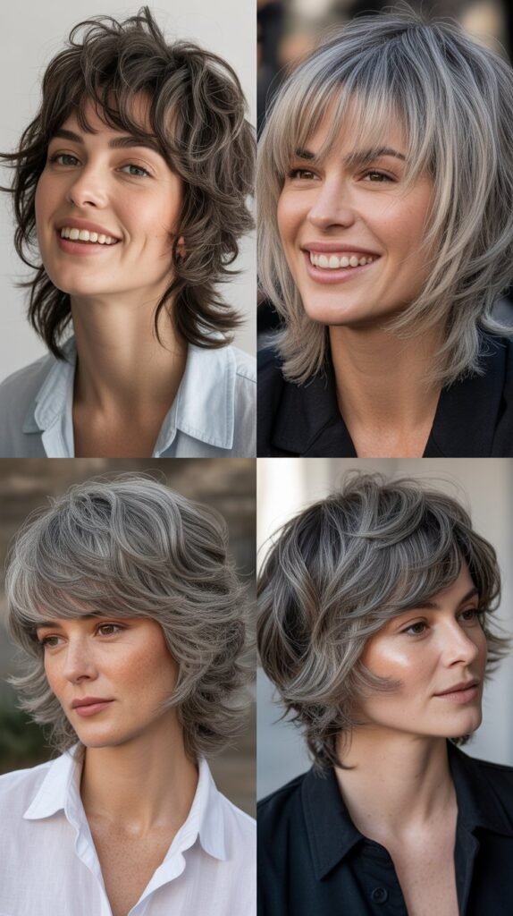Curved Bangs With Smoke Gray Beachy Waves