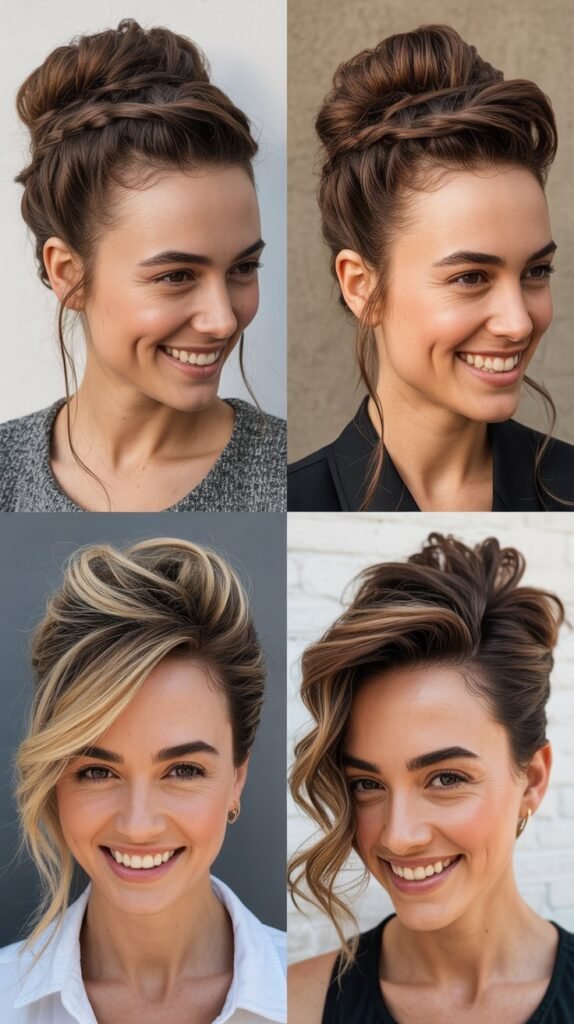 Asymmetrical Updo with Texture( 4image collage smiling with different looks)