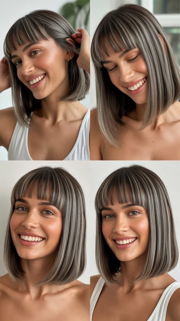 Blunt Layered Bangs With Gray Straight Bob