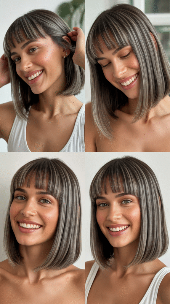 Asymmetrical Bangs With Slate Gray Straight Locks
