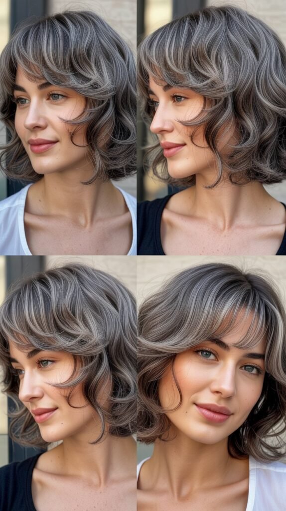 Wispy Baby Bangs With Gray Textured Lob