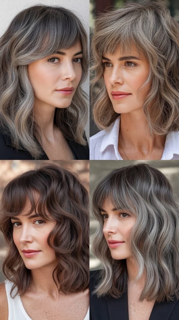 Wispy Asymmetrical Bangs With Dimensional Salt-And-Pepper Medium Waves