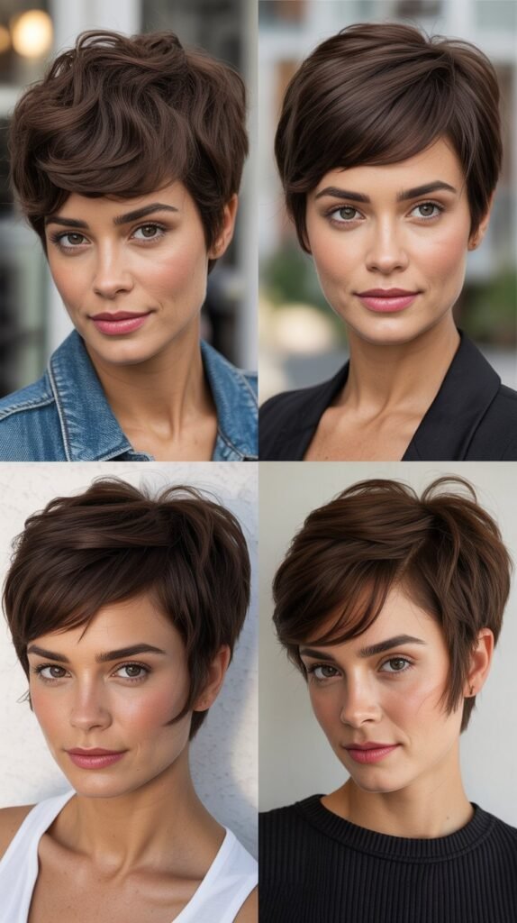 Dark Chocolate Brown Pixie with Side-Swept Bangs