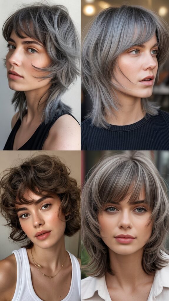 Textured Bangs With Steel Gray Medium Shag