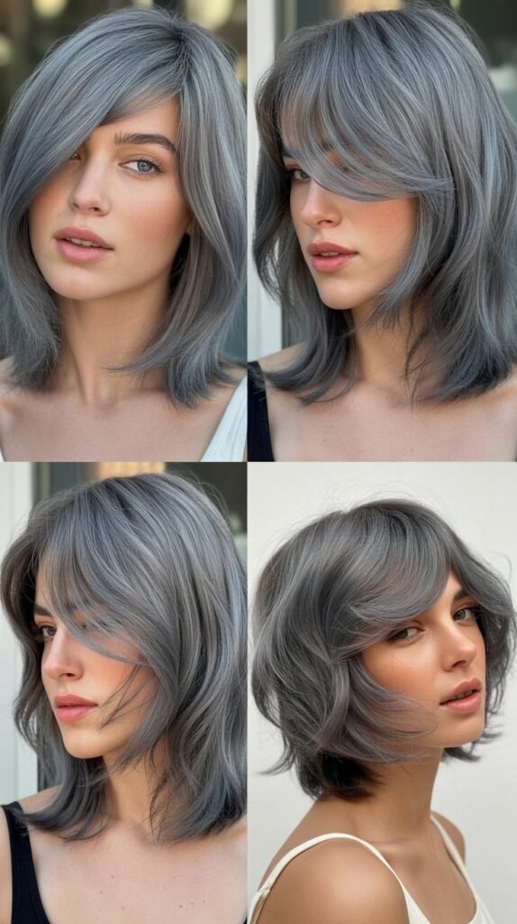 Side-Swept Micro Bangs With Glacier Gray Medium Lob