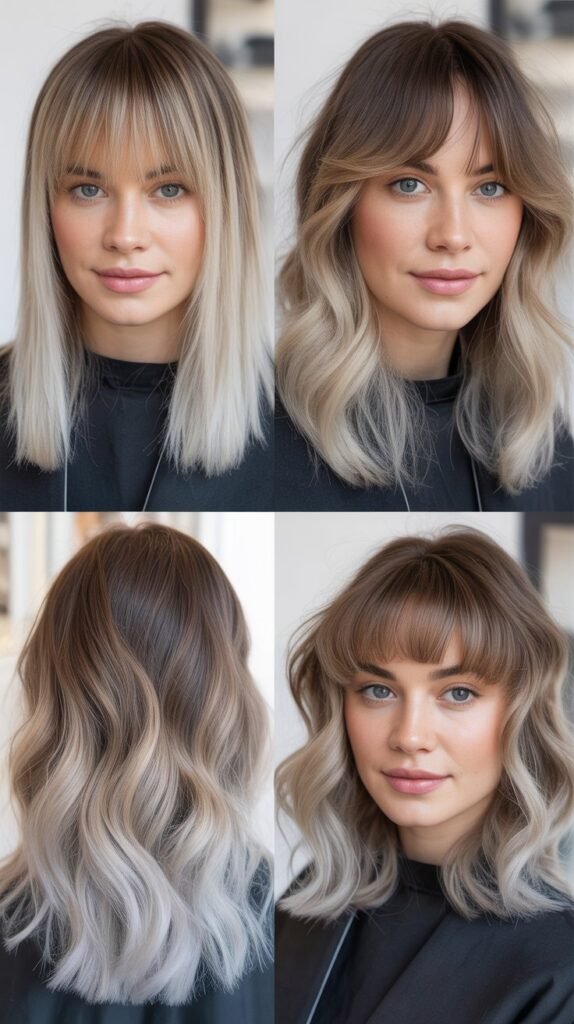 Rounded Baby Bangs With Ice-To-Cloud Ombre Medium Lob