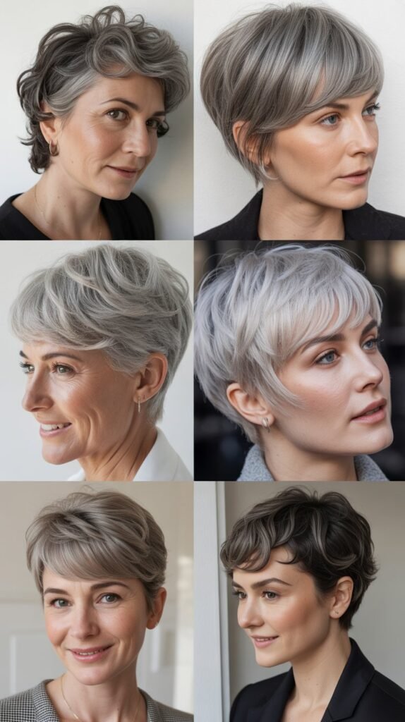 Side-Swept Bangs with Gray Pixie Cut