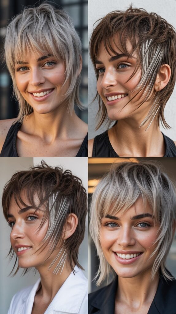 Choppy Textured Bangs With Silver Highlights
