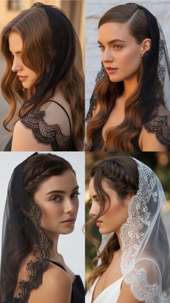 Deep Side Part Glamour With Mantilla Veils