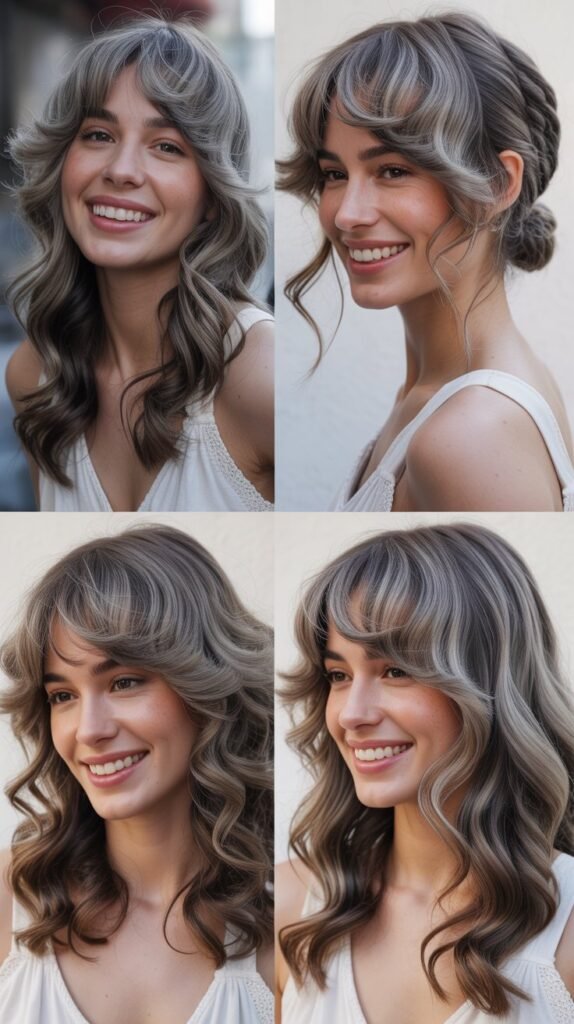 Soft Wispy Curtain Bangs With Opal Gray Waves