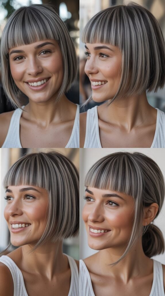  Feathered Curtain Bangs with Gray Layers