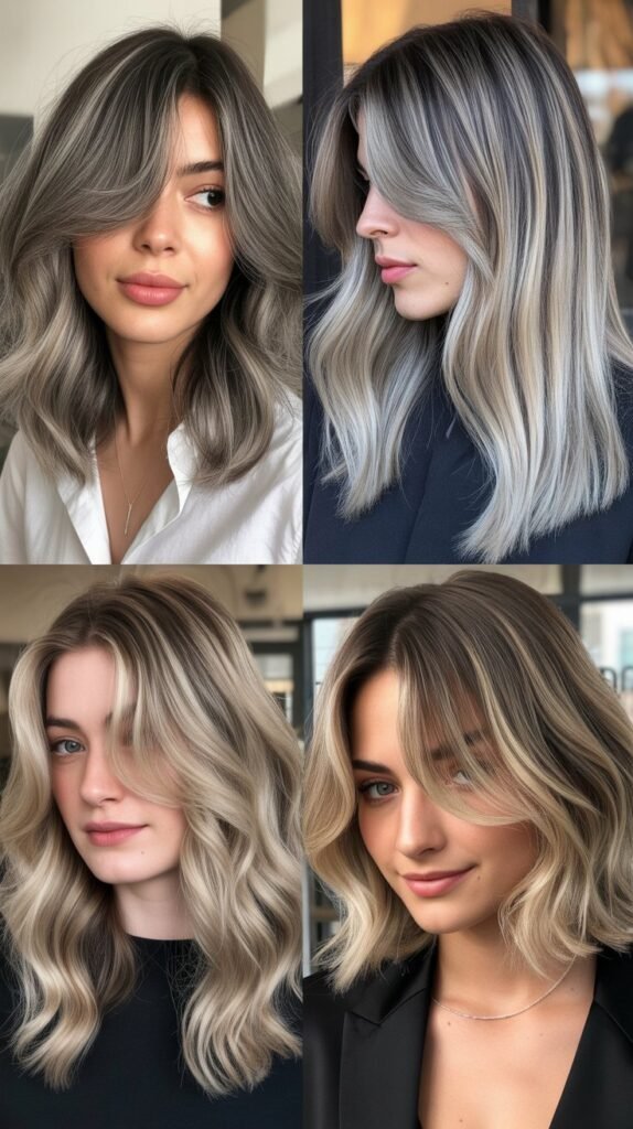 Asymmetrical Curtain Bangs With Dove-To-Platinum Balayage Medium Cut