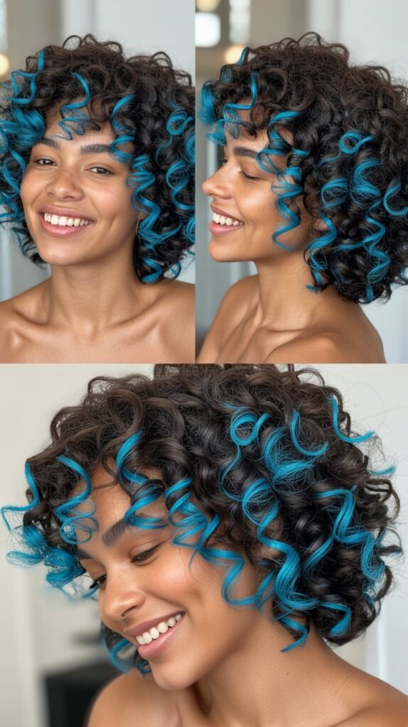 Neon Blue Money Pieces on Natural Curls