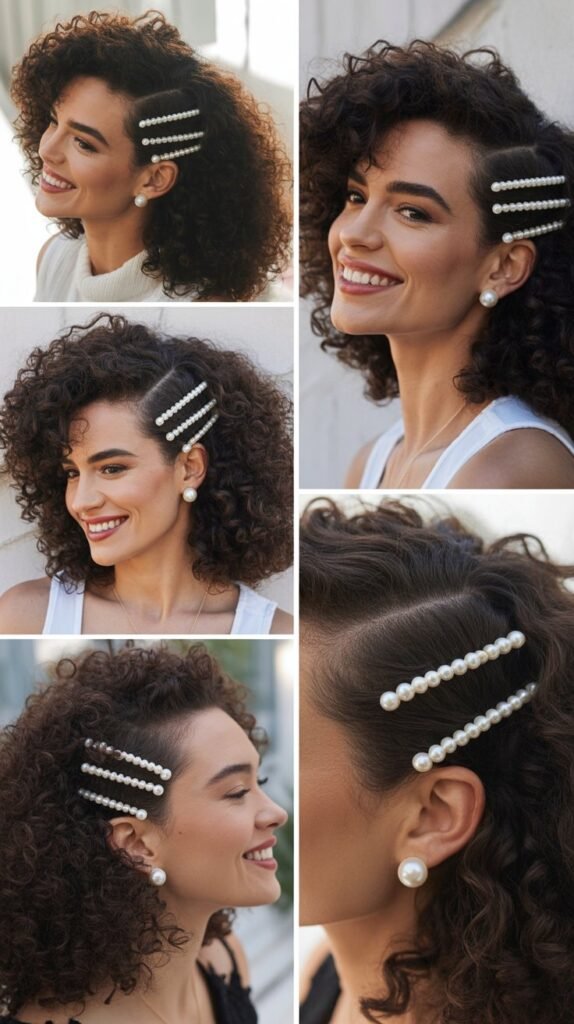 Curly Hair with Dramatic Side Part and Pearl Pins