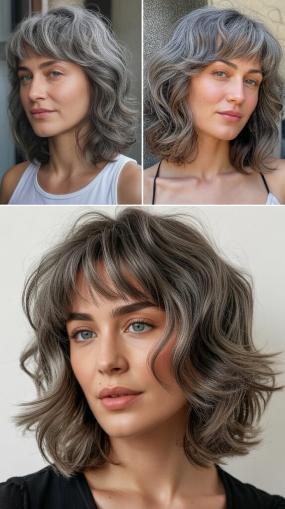 Piecey Bangs with Gray Medium Waves
