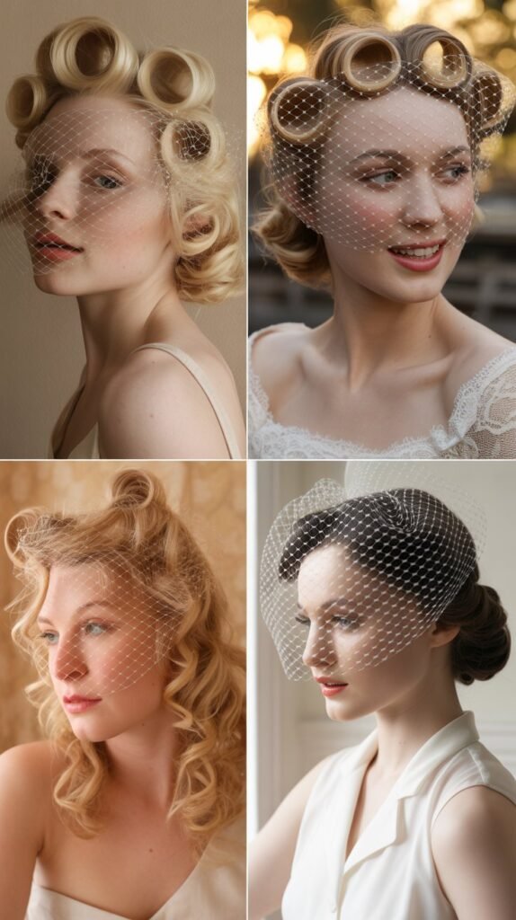 Vintage Pin Curls with Blusher Veil