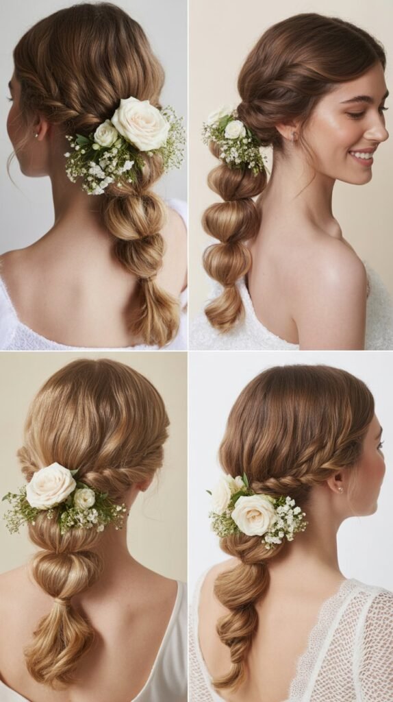 30. Low Twisted Ponytail with Cascading Flowers