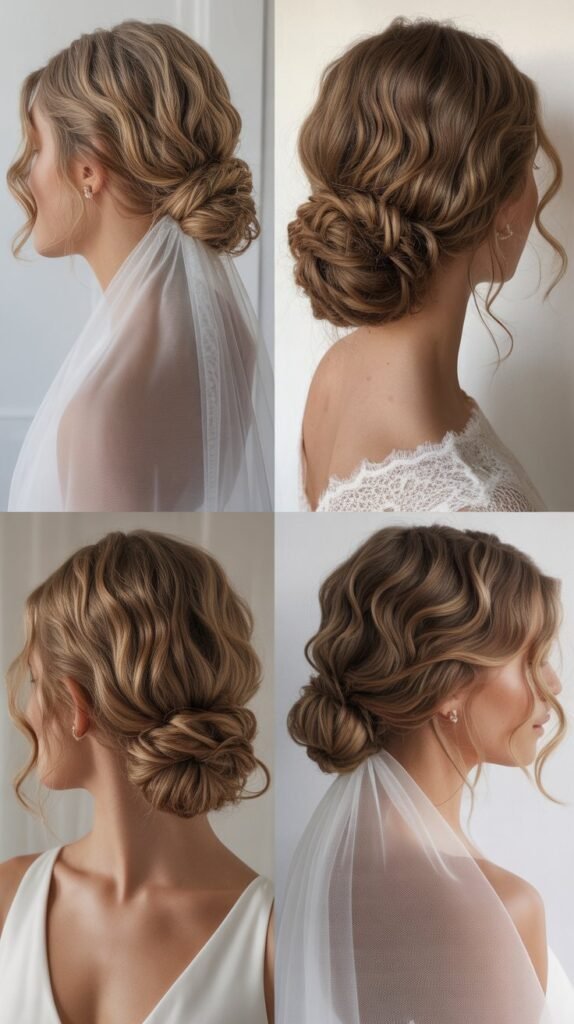 Romantic Low Bun with Pulled-Out Curls and Elbow Veil