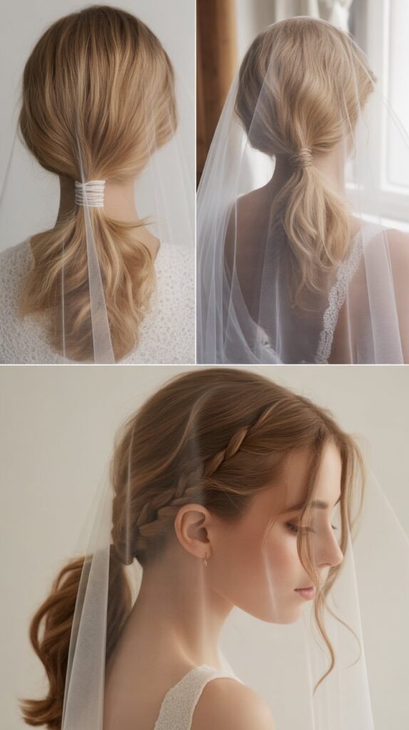 Low Ponytail with Wrapped Base and Fingertip Veil