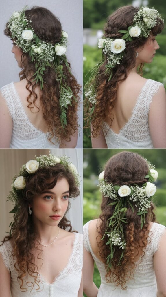 Romantic Cascading Curls with Fresh Flowers