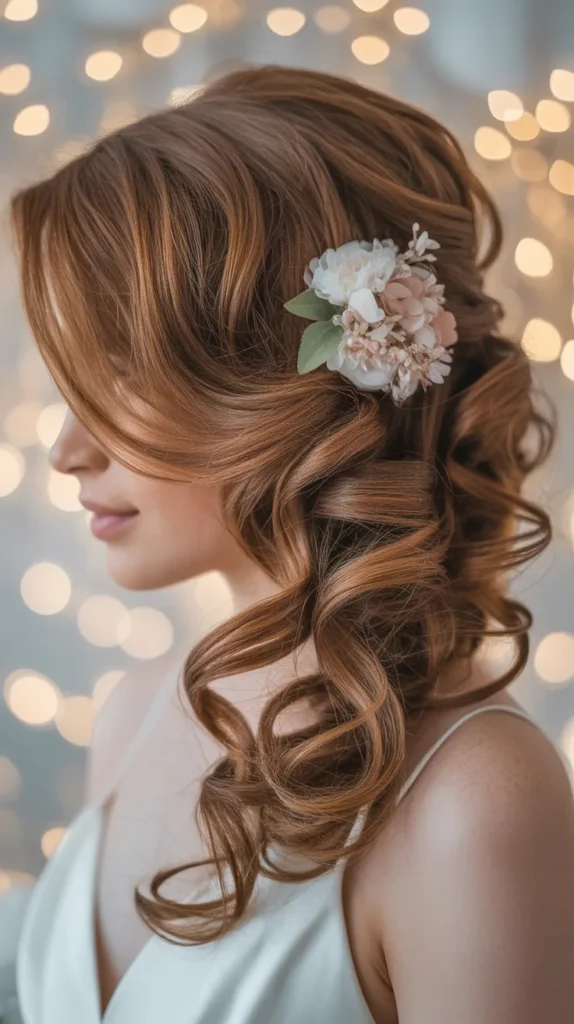 Side-Swept Curls with a Floral Accessory