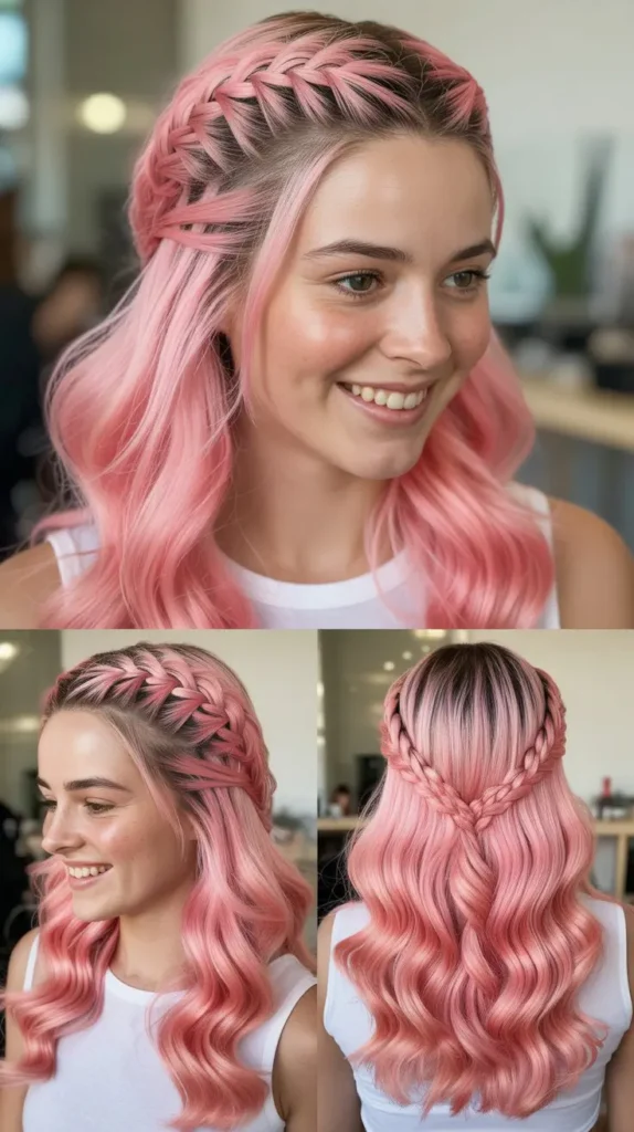 Candy Pink Half Up Half Down Wig with Double Dutch Braids