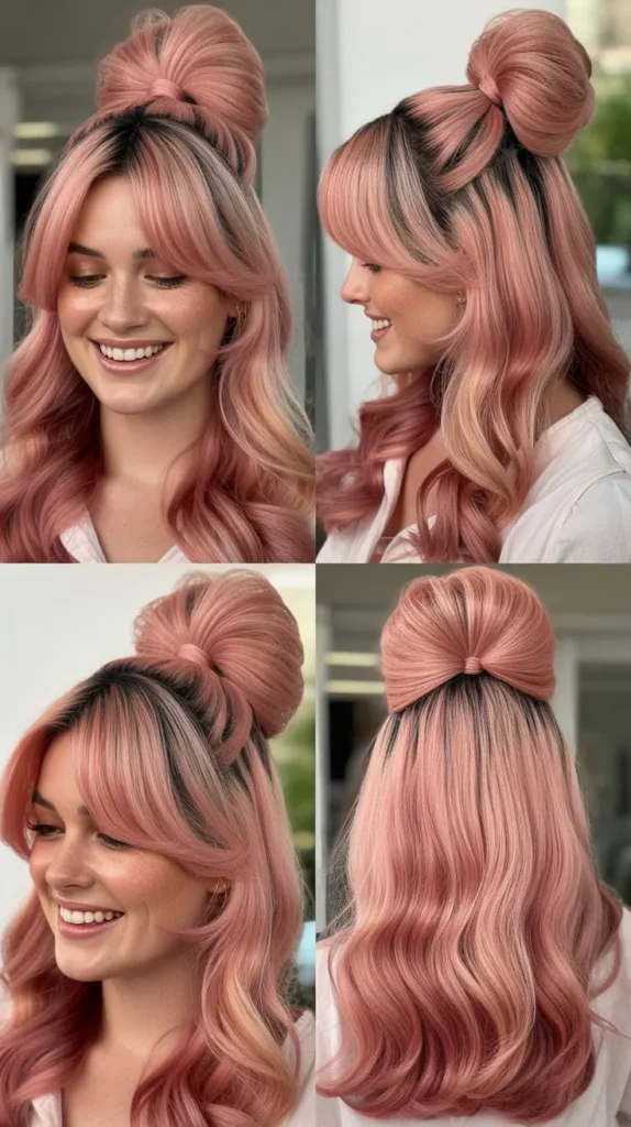  Multi-Toned Pink Half Up Half Down Wig with Bubble Ponytail Top