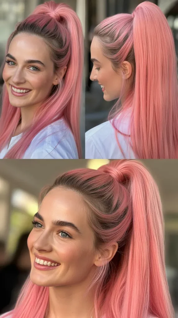 Bubblegum Pink Half Up Half Down Wig with High Ponytail Top