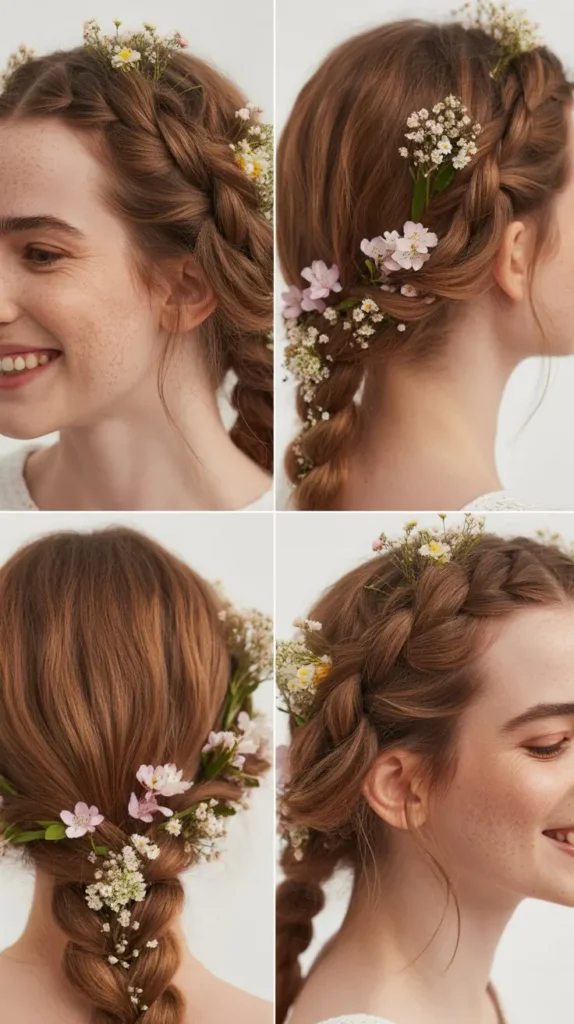 Classic French Braid with Spring Flowers