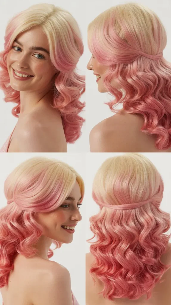 Pink Ombre Half Up Half Down Wig with Voluminous Curls