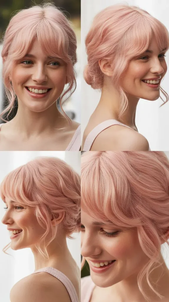 Pastel Pink Half Up Half Down Wig with Curtain Bangs