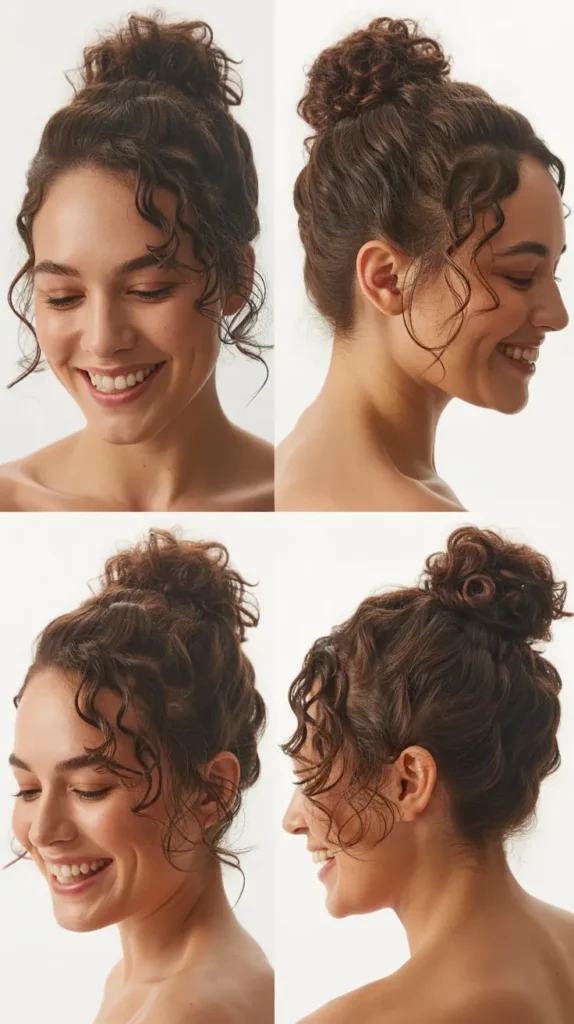 Curly Top Knot with Face-Framing Layers