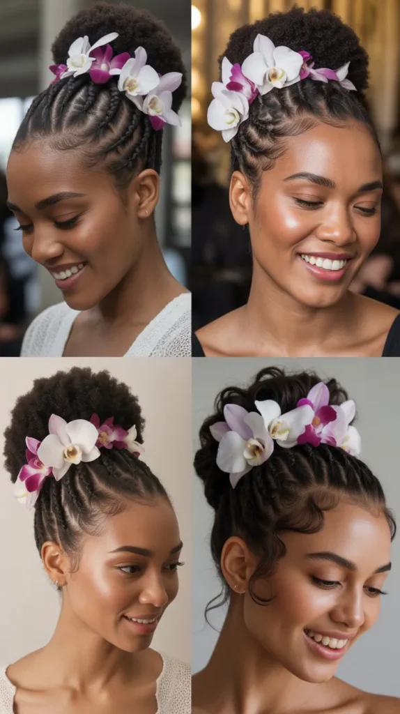 Twisted Updo with Orchid Blooms