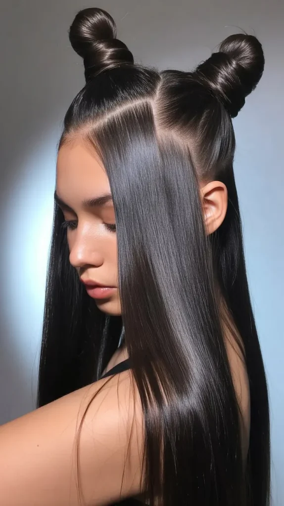  Straight Hair Sleek Space Buns