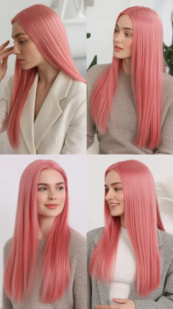 Side Part Flamingo Pink Wig with Straight Silky Texture