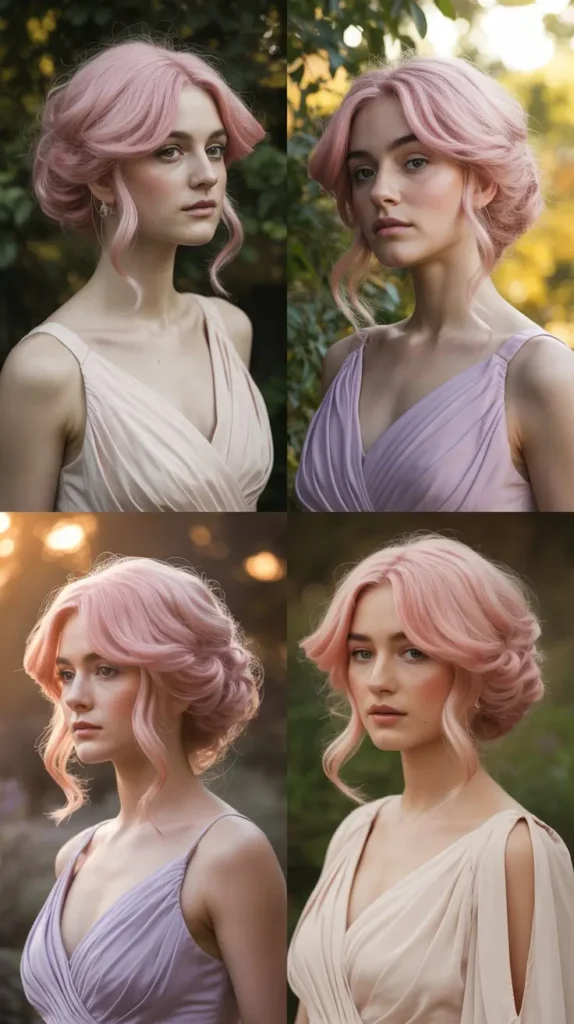 Side Part Romantic Pink Wig with Loose Updo and Tendrils