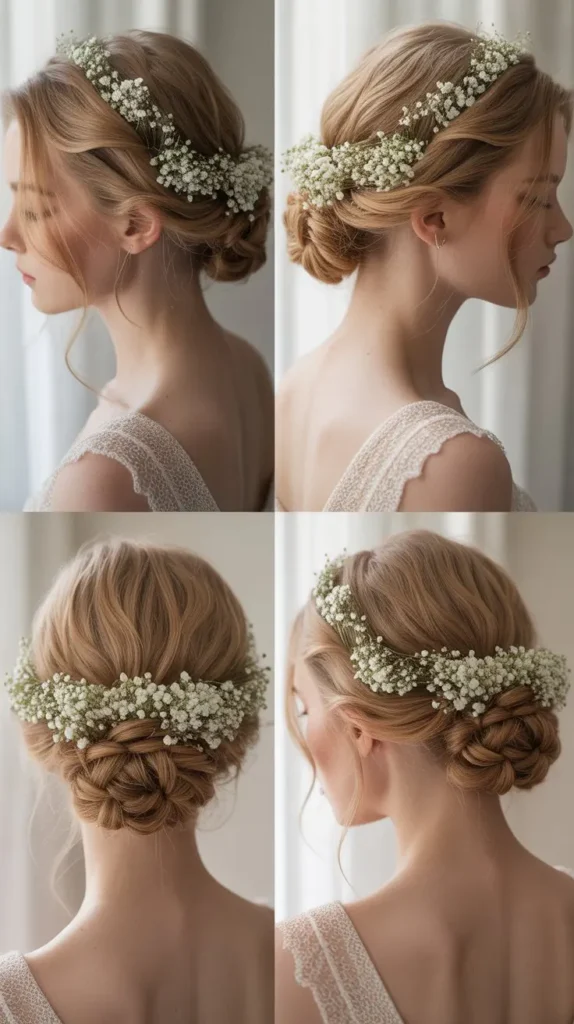 Soft Blonde Loose Updo with Baby's Breath
