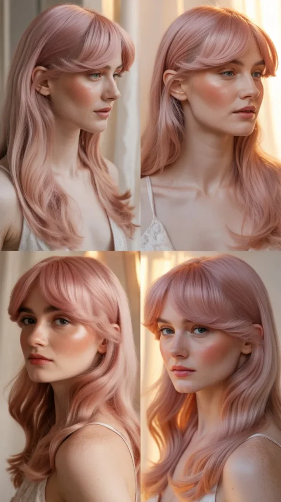 Long Silky Side Part Pink Wig with Curtain Bangs