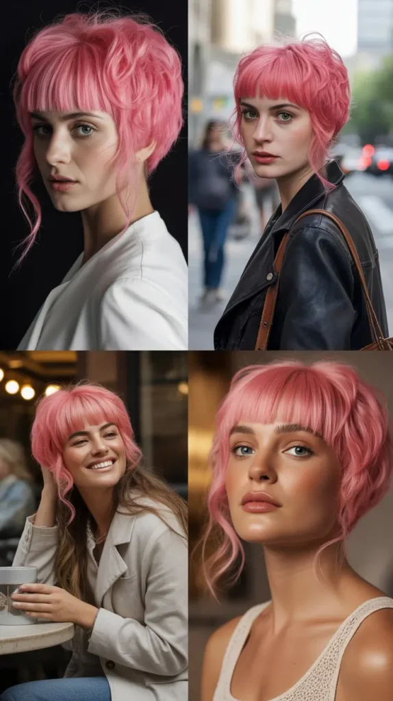 Crimped Pink Wig with Bangs