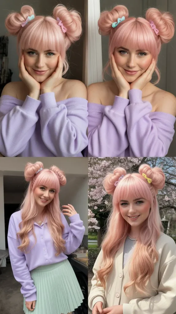 Side Part Baby Pink Wig with Space Buns