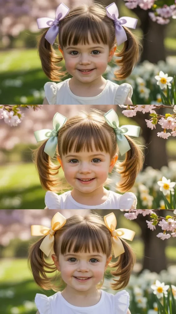 Classic Double Pigtails with Spring Ribbons