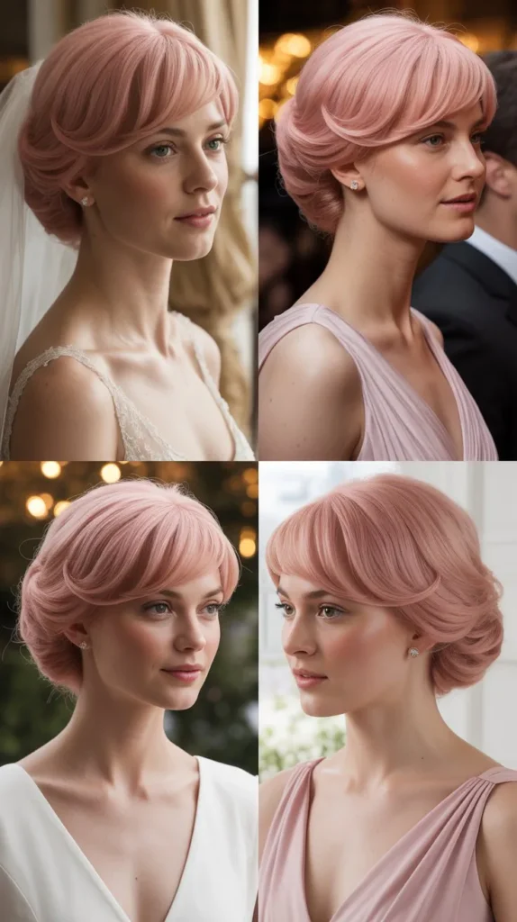  Side Part Pastel Pink Wig with Curtain Bang Updo