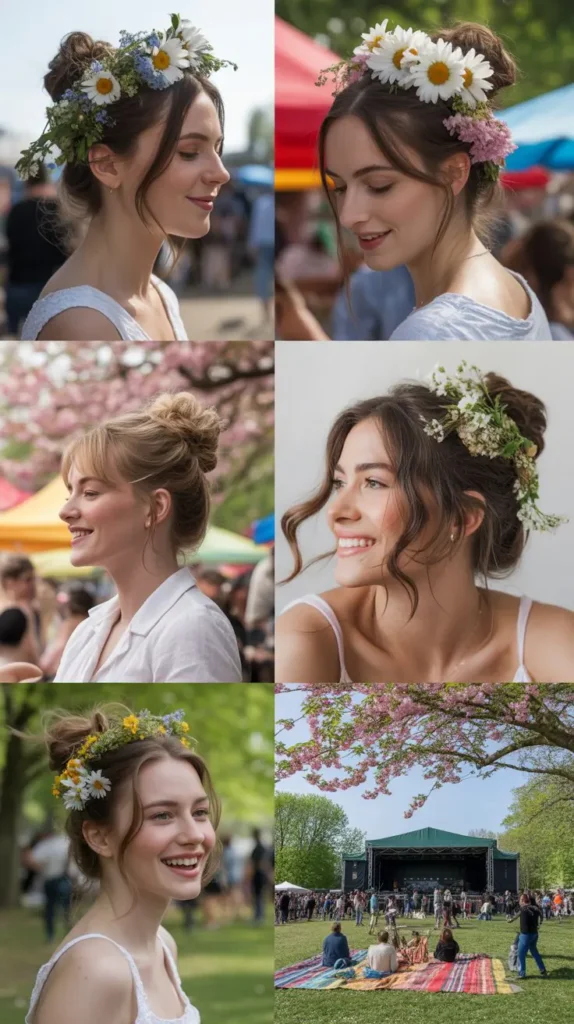 Space Bun Updo with Spring Flowers