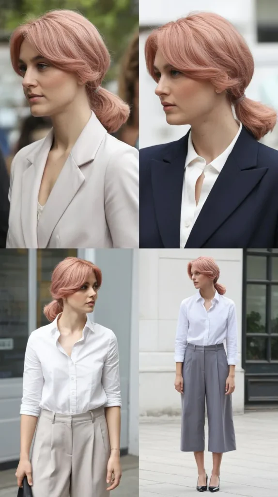 Side Part Dusty Rose Wig in a Low Ponytail Style