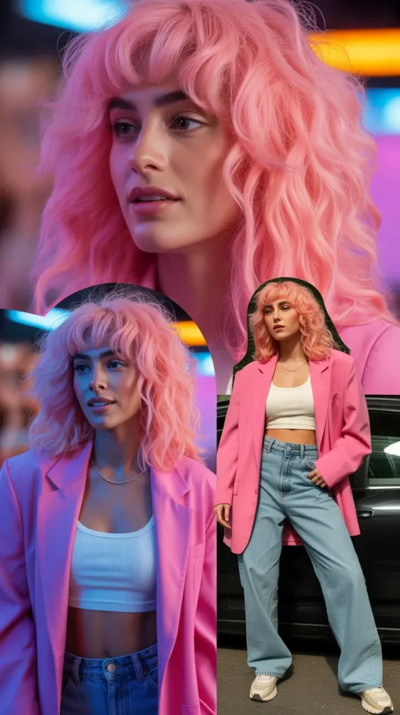  Side Part Cotton Candy Pink Wig with Crimped Texture