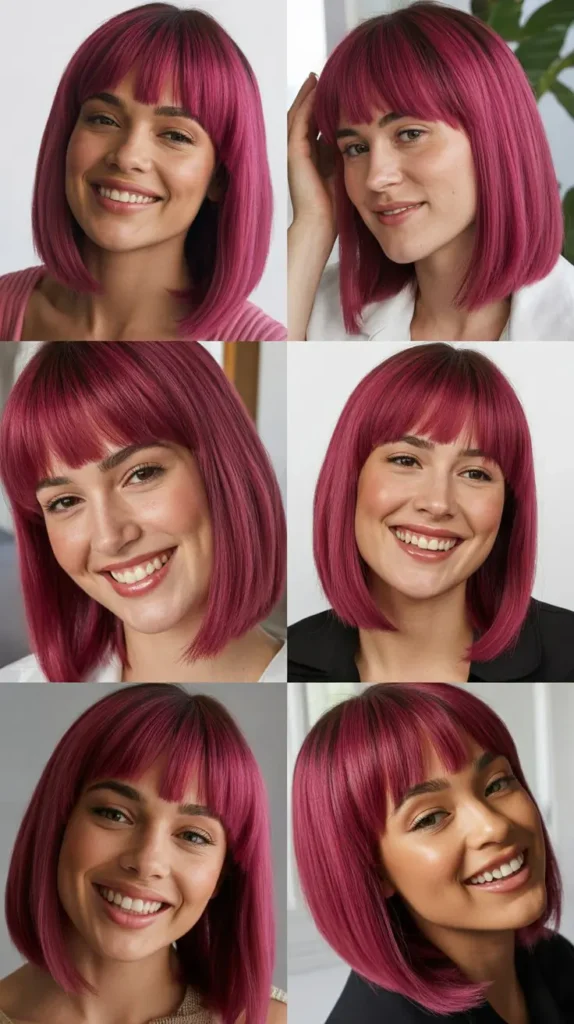 Deep Pink Straight Wig with Curtain Bangs